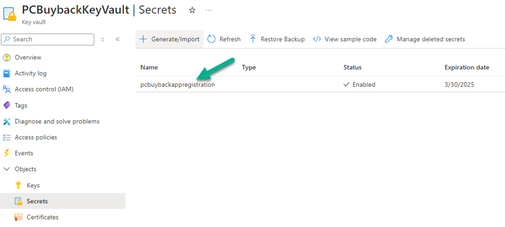 pcbuybackappregistration secret in key vault.png